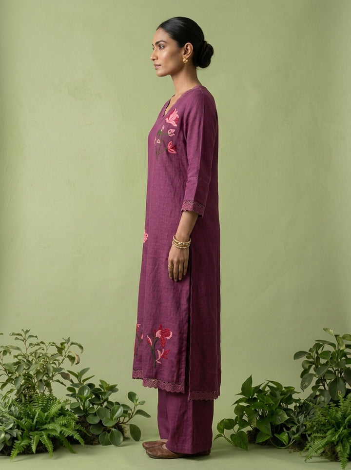 Purple Linen Thread Embroidered Two Piece Set