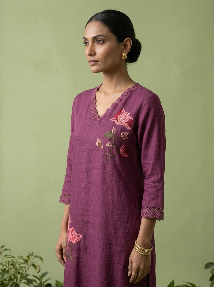 Purple Linen Thread Embroidered Two Piece Set