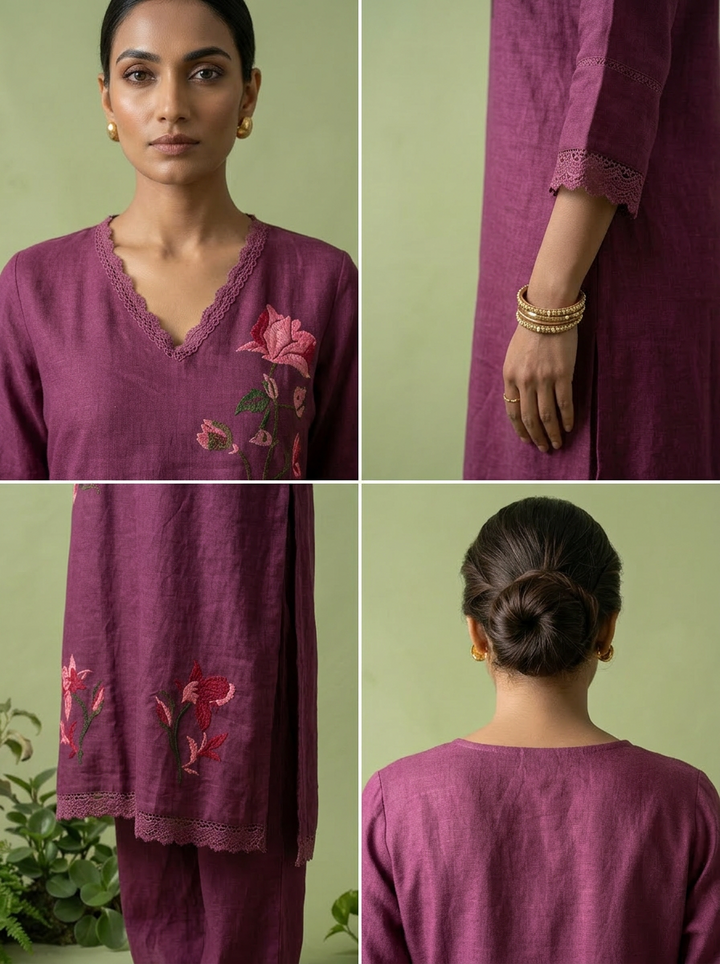 Purple Linen Thread Embroidered Two Piece Set