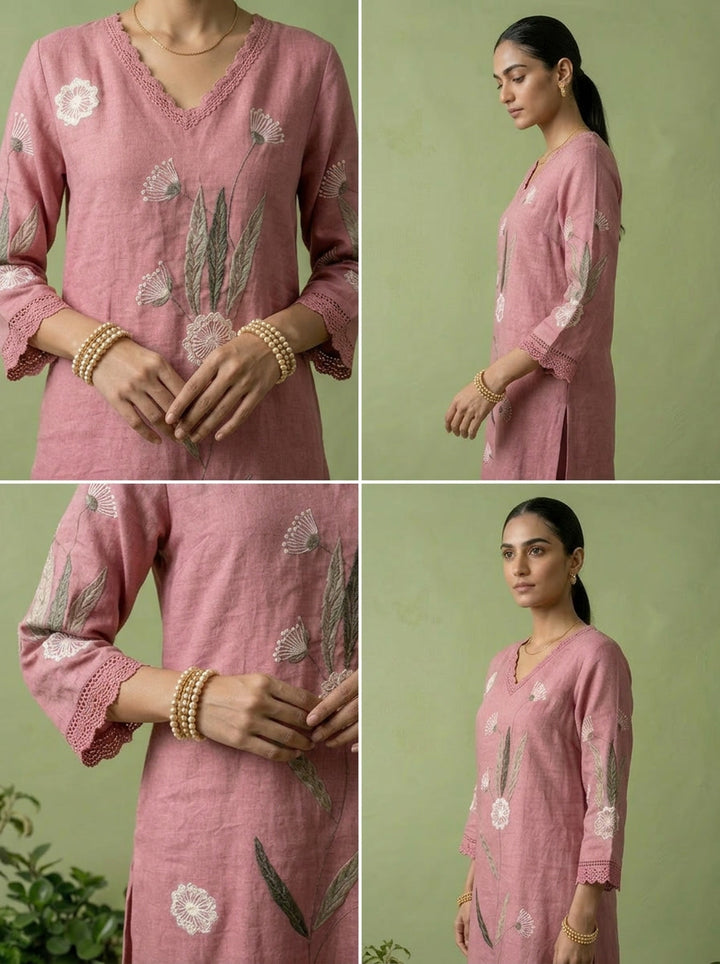 Onion Pink Linen Floral Thread Embroidered Two Piece Set