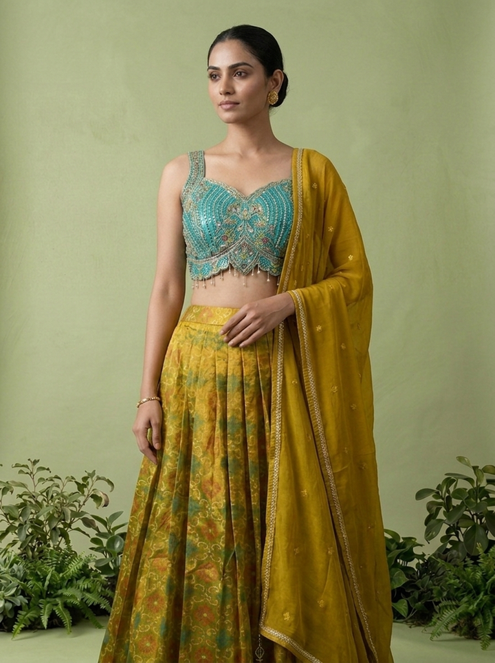 Rama Silk Floral Thread Embroidery And Mirror Embroidery Ghagra Set