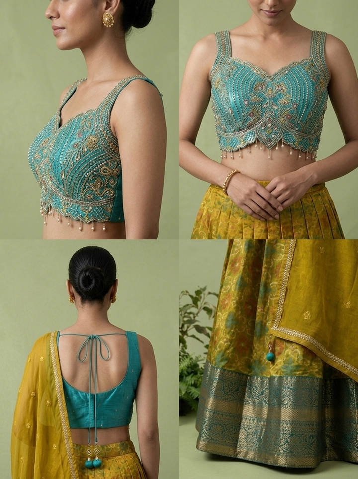 Rama Silk Floral Thread Embroidery And Mirror Embroidery Ghagra Set