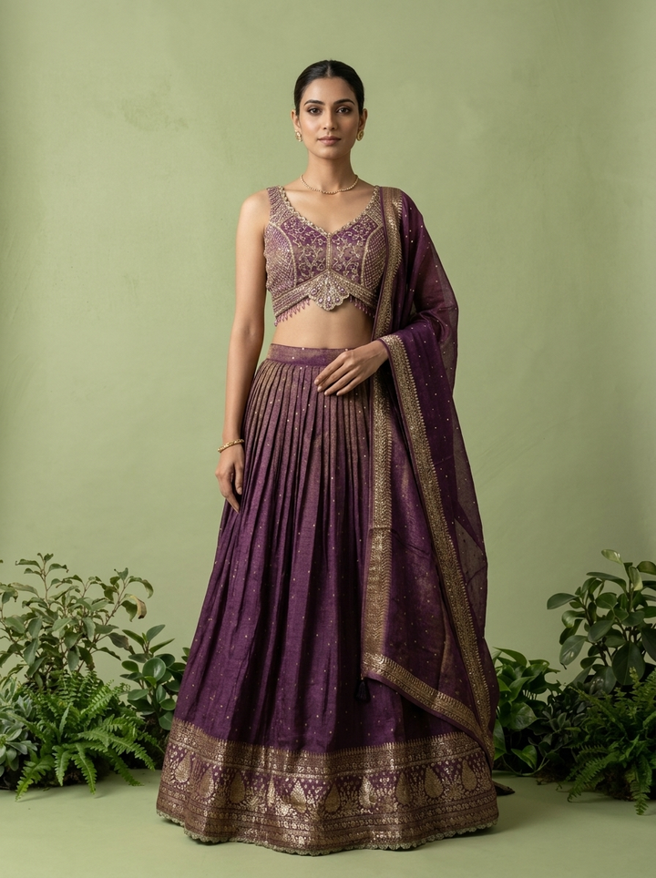 Wine Tissue Sequins And Beads Embroidery Ghagra Set