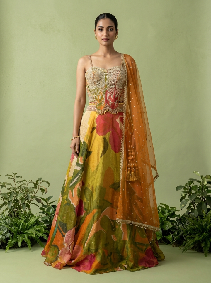 Mehadi Green Tissue Heavy Aari Embroidery And Printed Ghagra Set