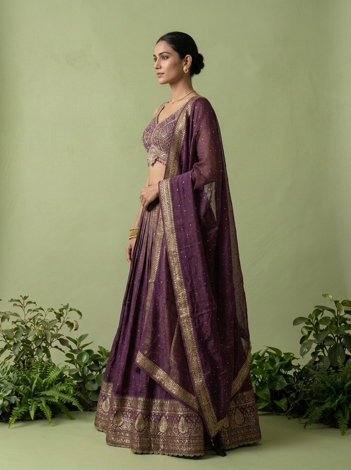 Wine Tissue Sequins And Beads Embroidery Ghagra Set