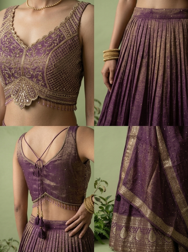 Wine Tissue Sequins And Beads Embroidery Ghagra Set