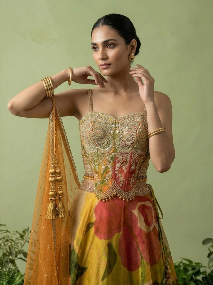 Mehadi Green Tissue Heavy Aari Embroidery And Printed Ghagra Set