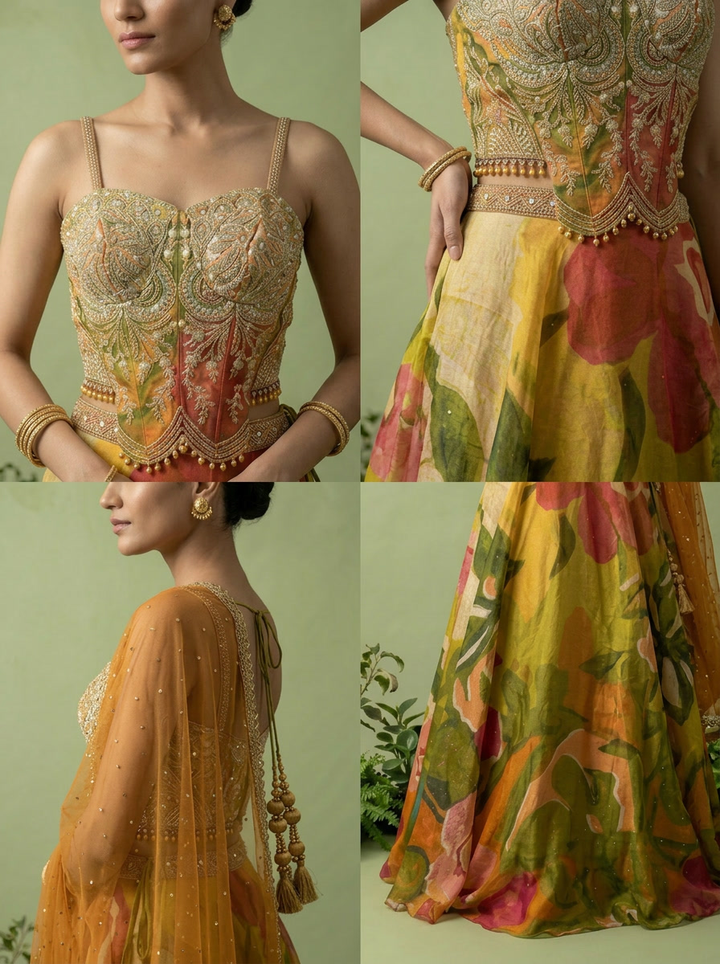 Mehadi Green Tissue Heavy Aari Embroidery And Printed Ghagra Set