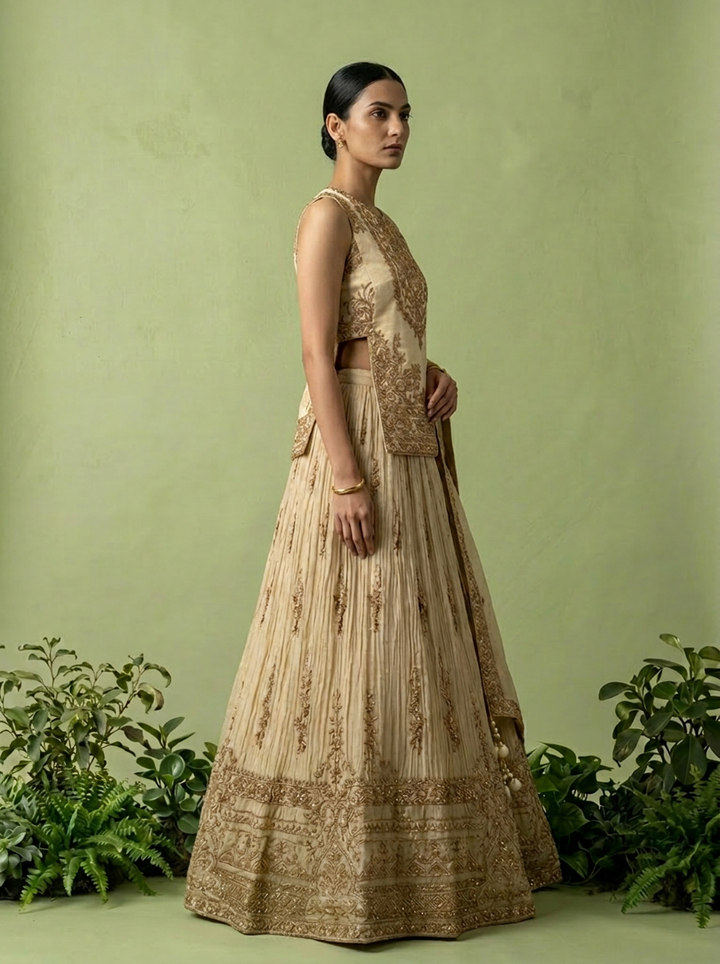 Gold Tissue Heavy Floral Zari Embroidered Ghagra Set