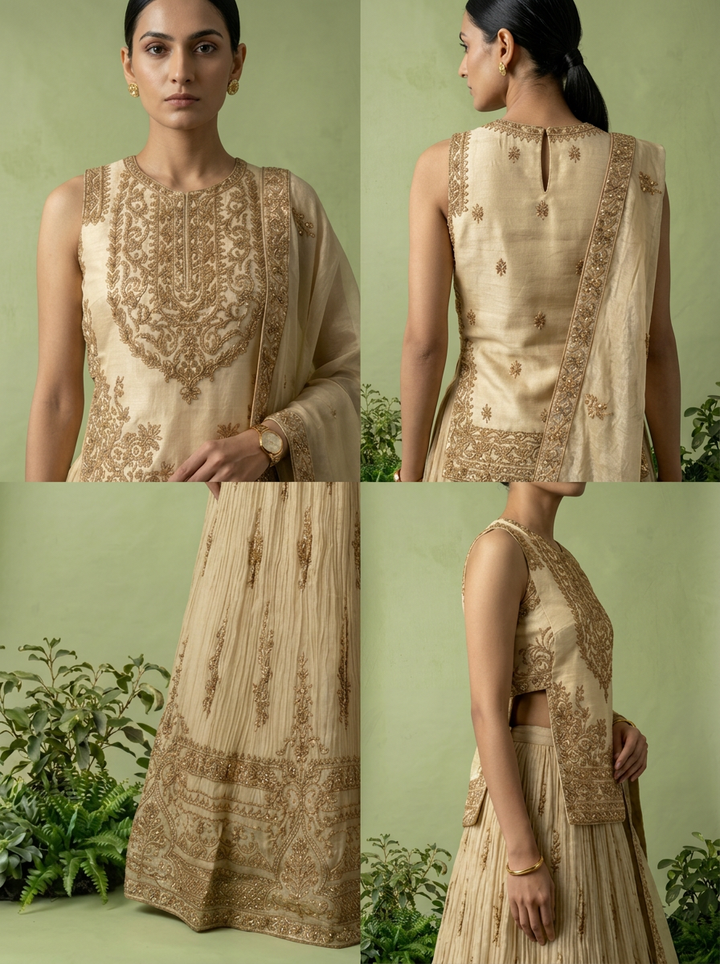 Gold Tissue Heavy Floral Zari Embroidered Ghagra Set