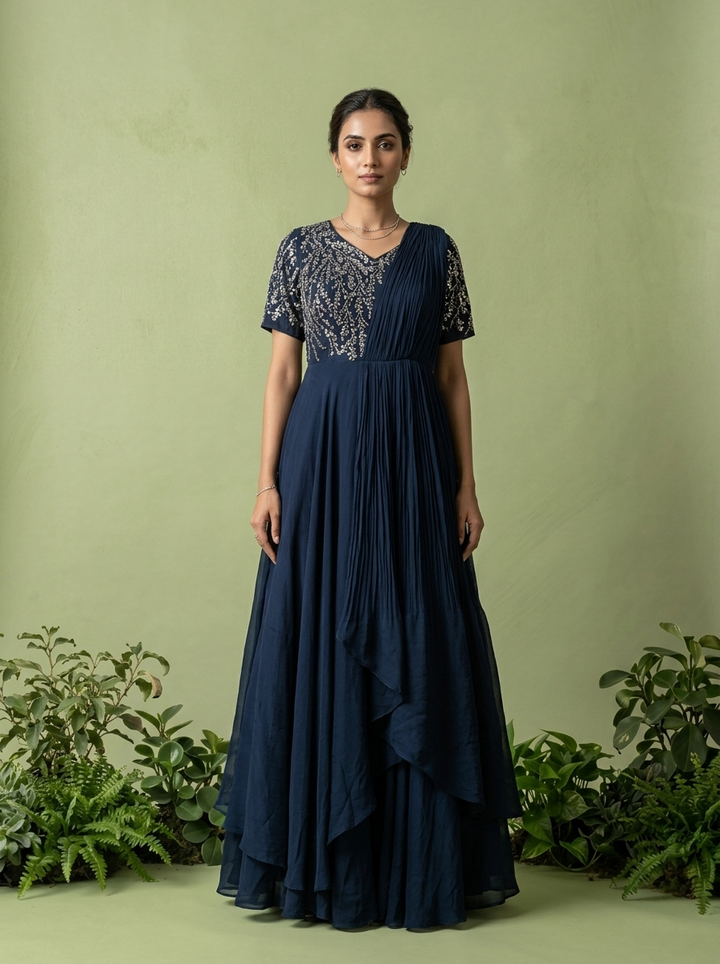 Navy Blue Chinon Beads Embroidery Anarkali