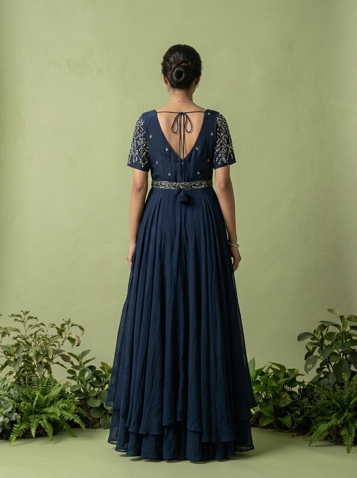 Navy Blue Chinon Beads Embroidery Anarkali