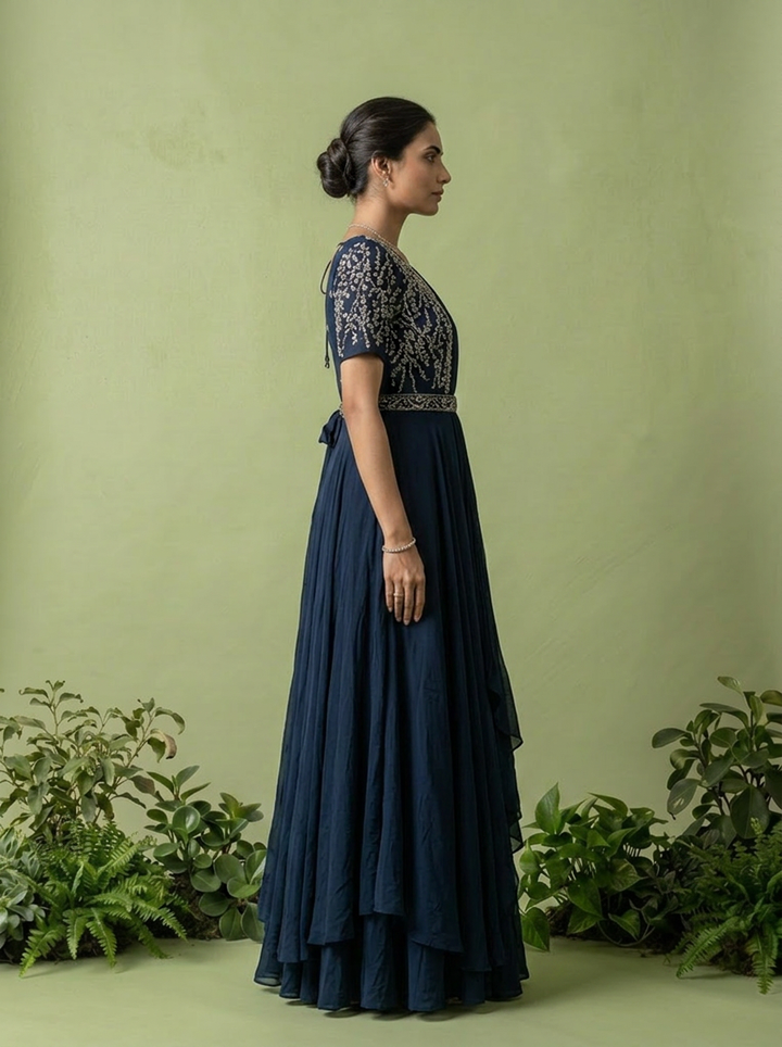 Navy Blue Chinon Beads Embroidery Anarkali