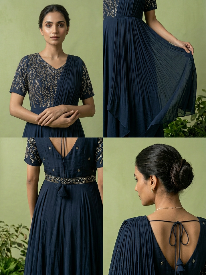 Navy Blue Chinon Beads Embroidery Anarkali
