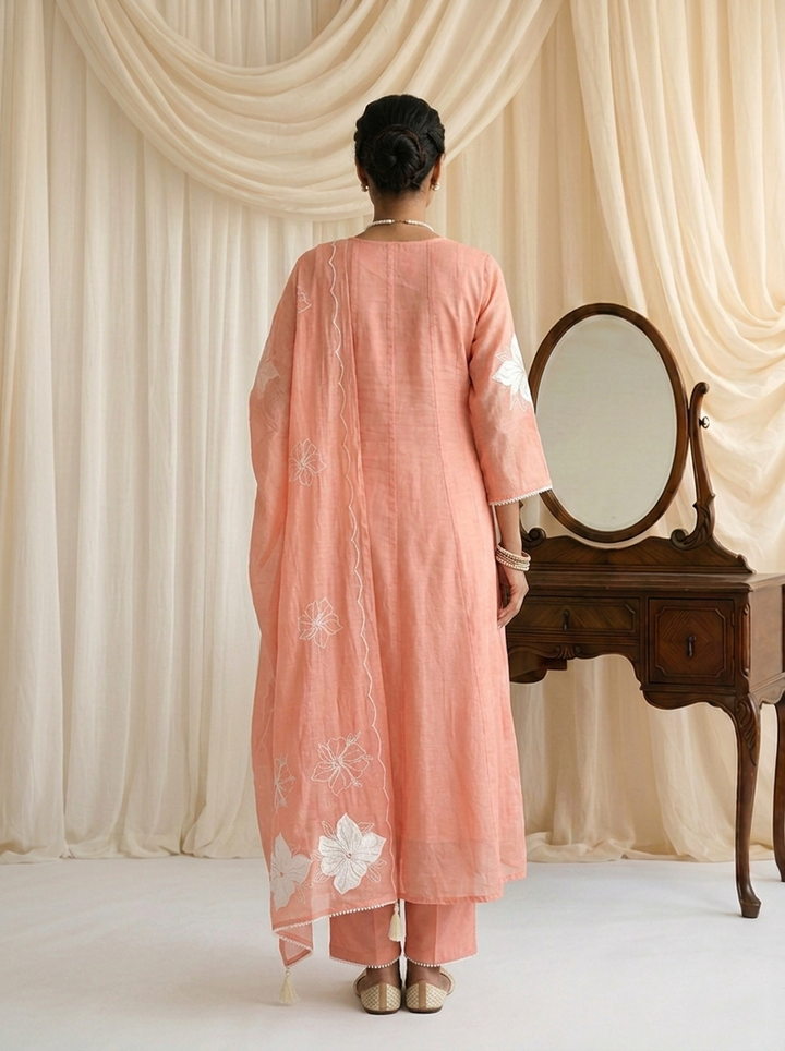Peach Chanderi Mirror Embroidered Three Piece Set