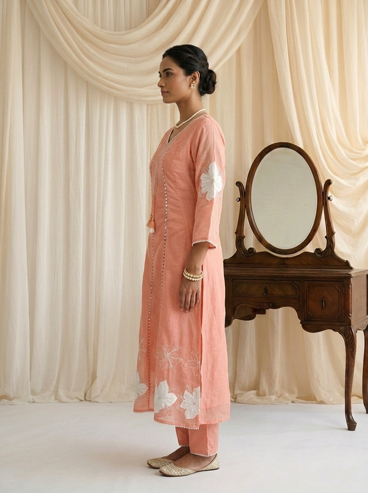 Peach Chanderi Mirror Embroidered Three Piece Set
