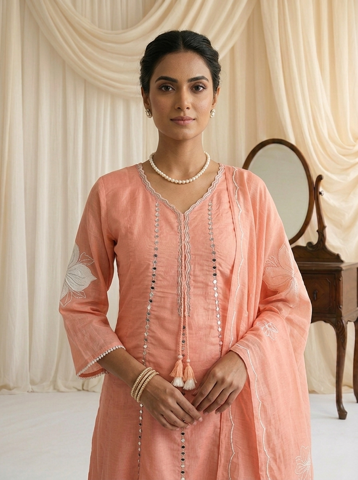 Peach Chanderi Mirror Embroidered Three Piece Set