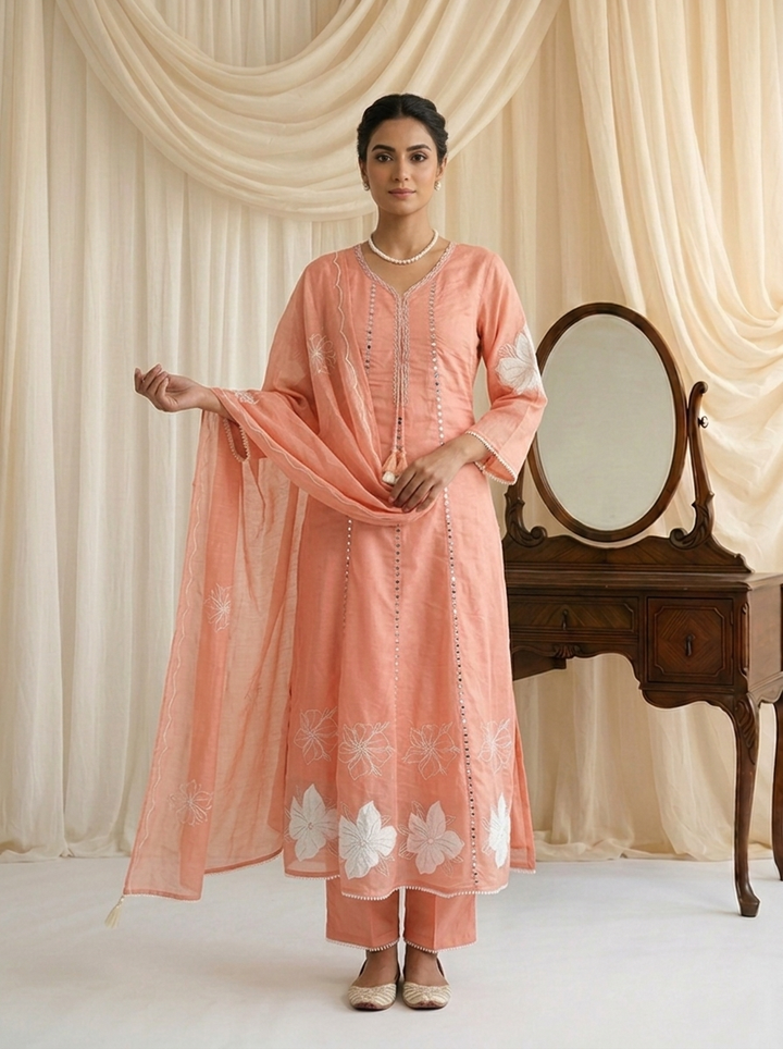 Peach Chanderi Mirror Embroidered Three Piece Set