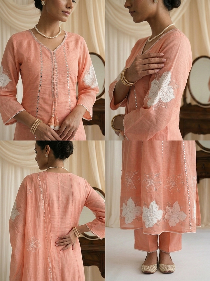 Peach Chanderi Mirror Embroidered Three Piece Set