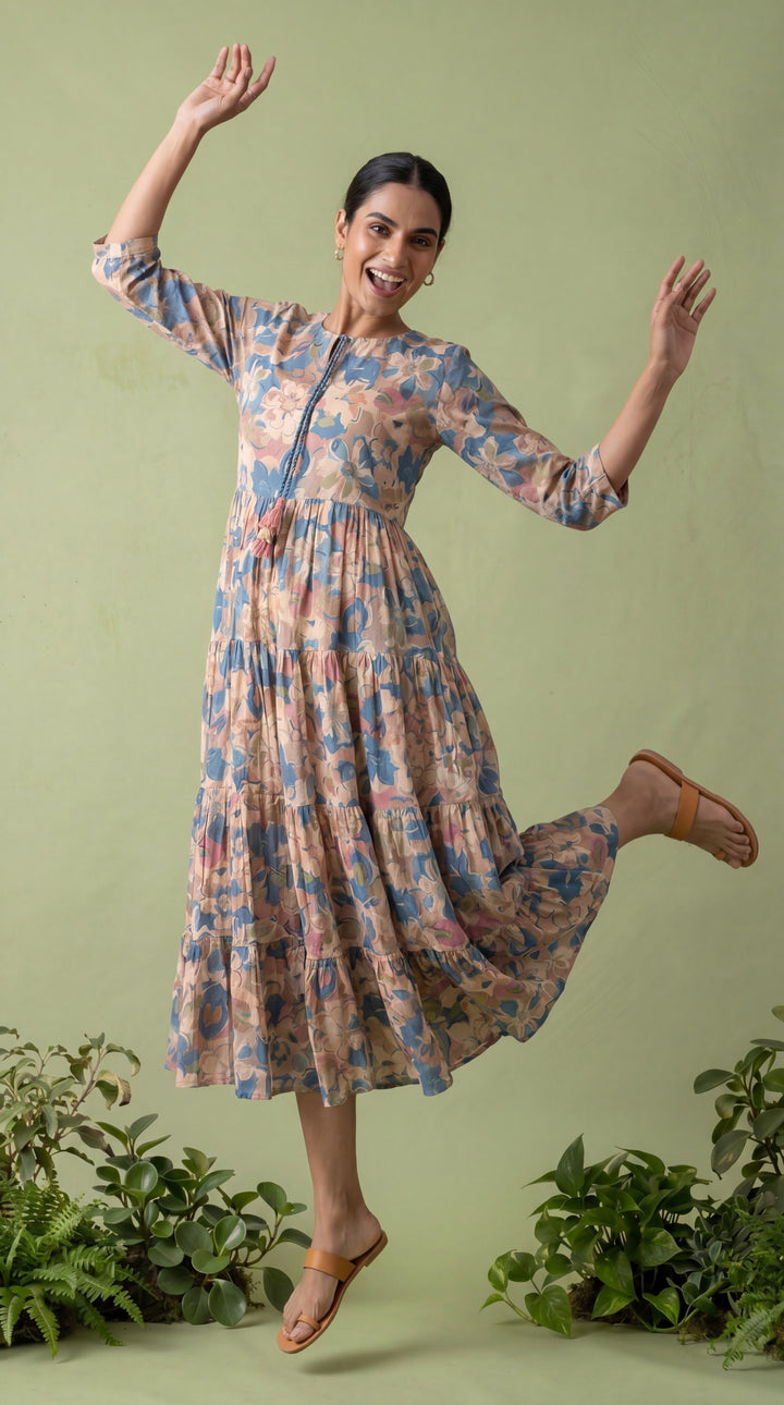 Blue Cotton Floral Printed Dress
