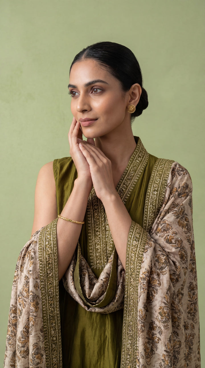 Mehadi Green Silk Floral Zari Embroidery Three Piece Set With Contrast Dupatta