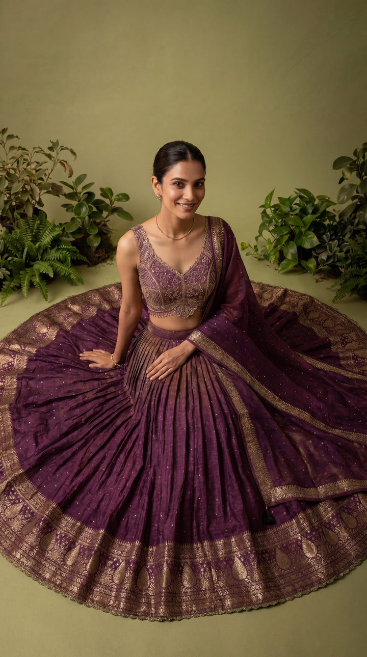 Wine Tissue Sequins And Beads Embroidery Ghagra Set