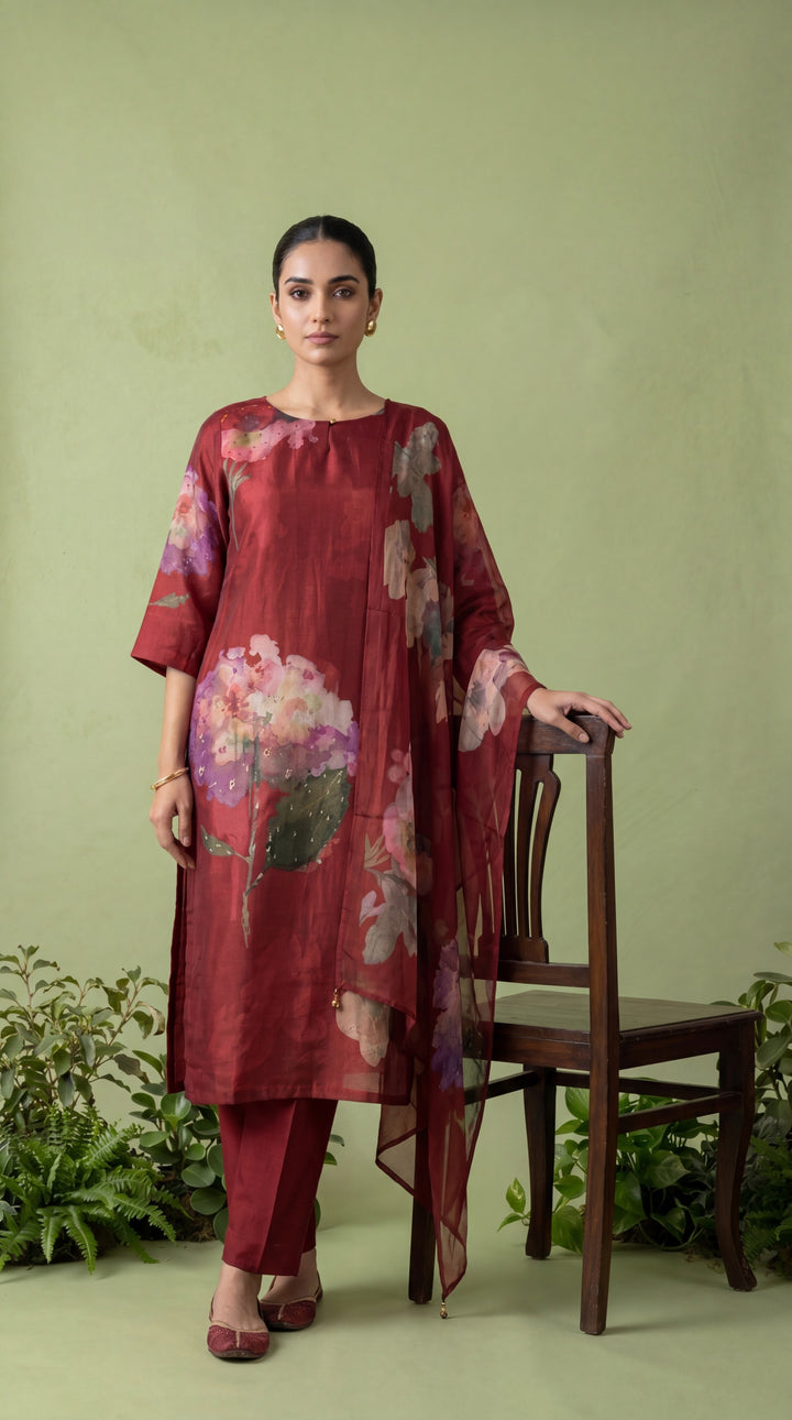 Maroon Muslin Floral Digital Printed Three Piece Set