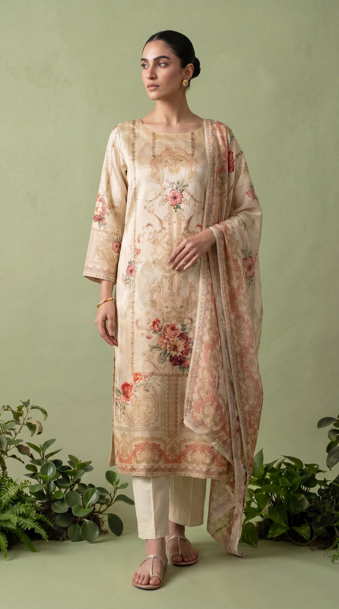 Cream Silk Digital Printed Three Piece Set