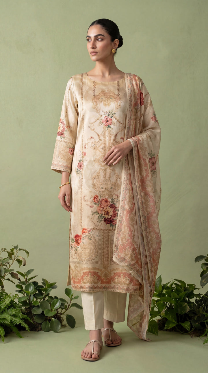 Cream Silk Digital Printed Three Piece Set