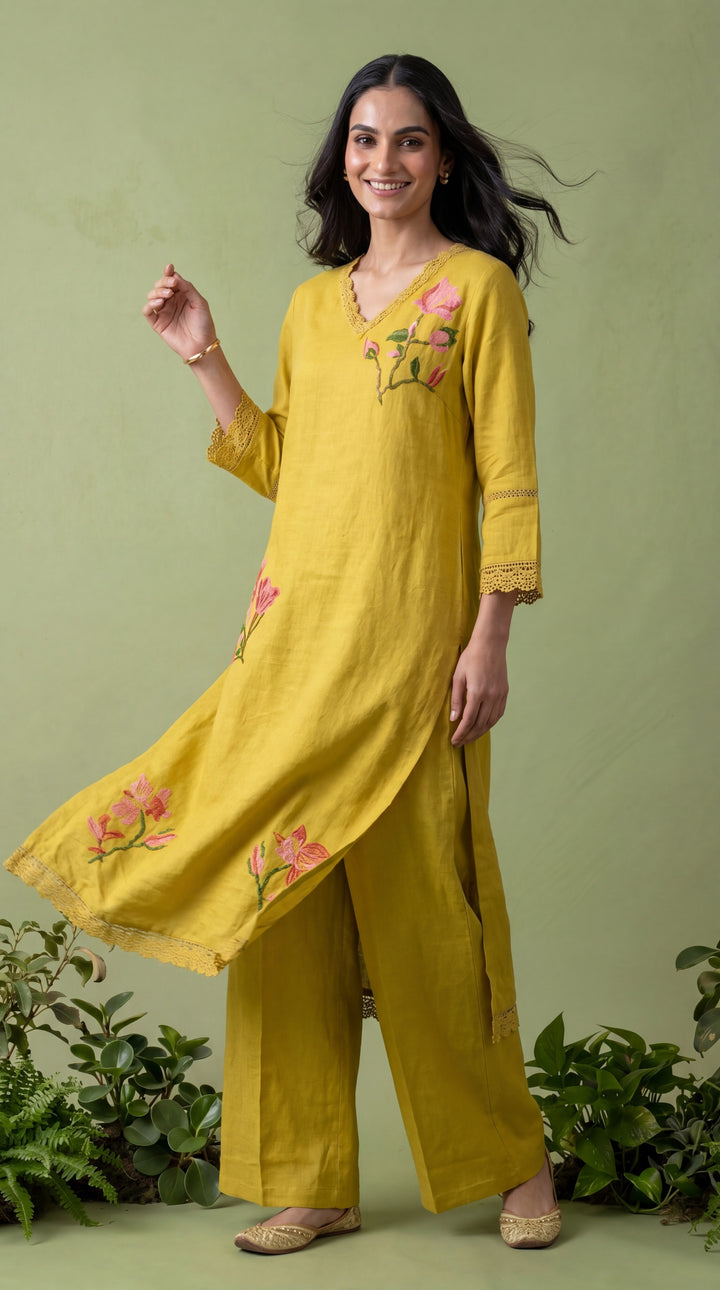 Green Linen Floral Thread Embroidered Two Piece Set