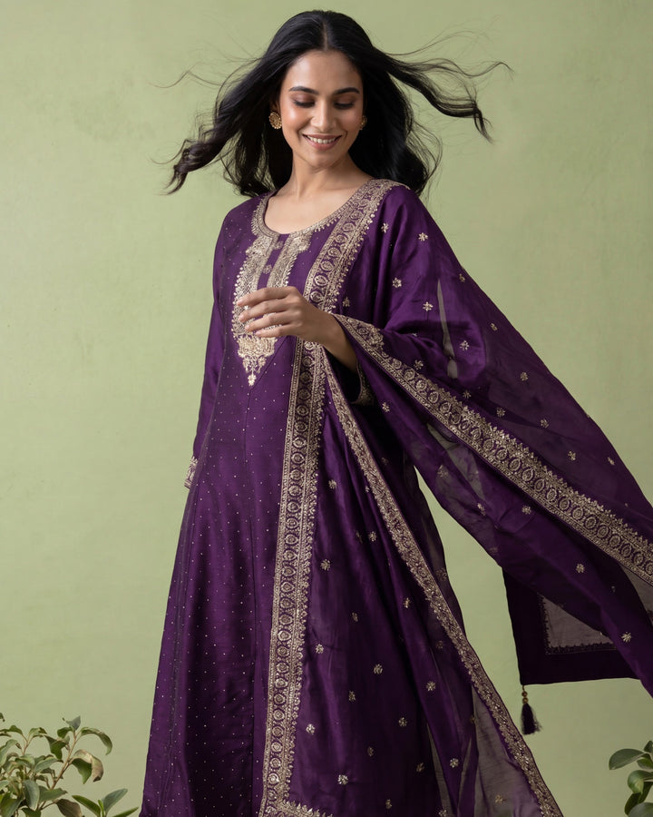 Purple Silk Zari Embroidery Three Piece Set