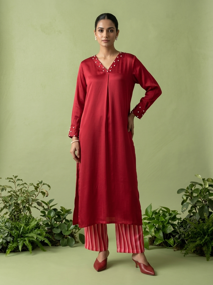 Magenta Linen And Satin Two Piece Set