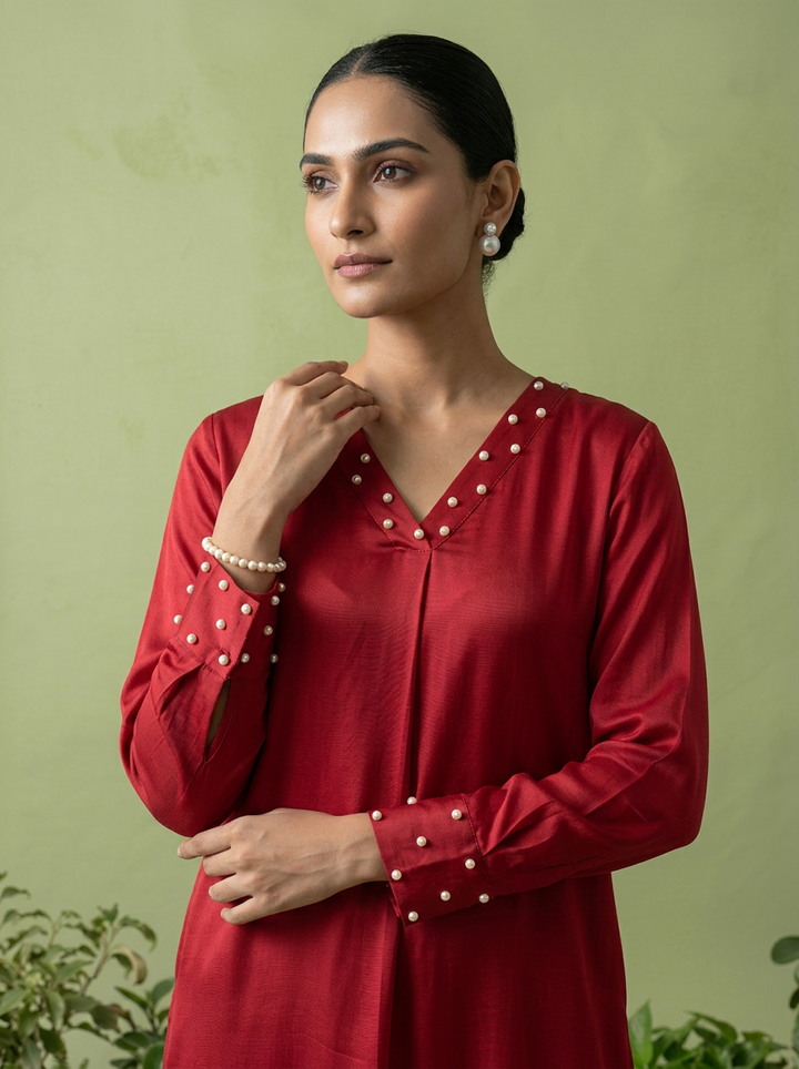 Magenta Linen And Satin Two Piece Set