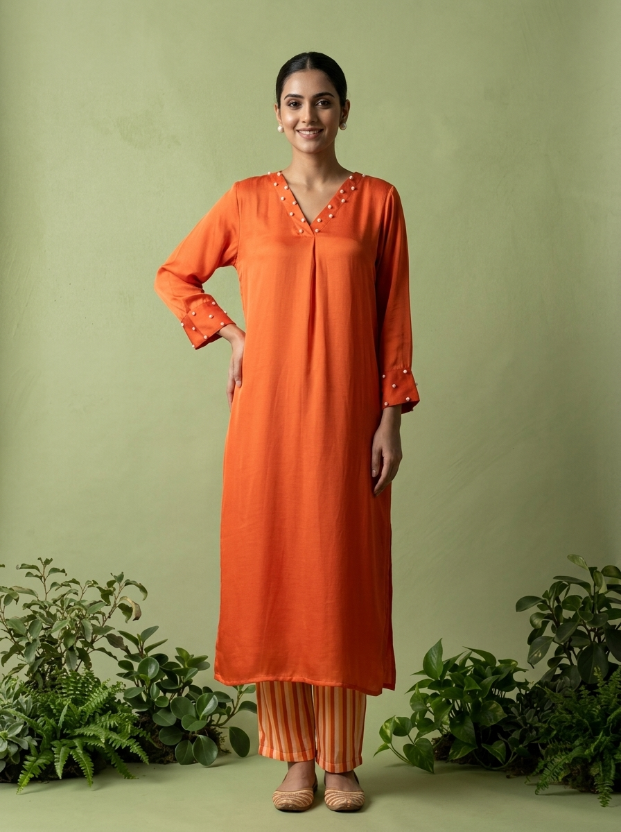 Burnt Orange Linen And Satin Two Piece Set