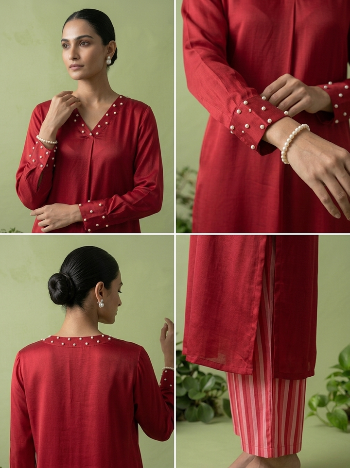 Magenta Linen And Satin Two Piece Set