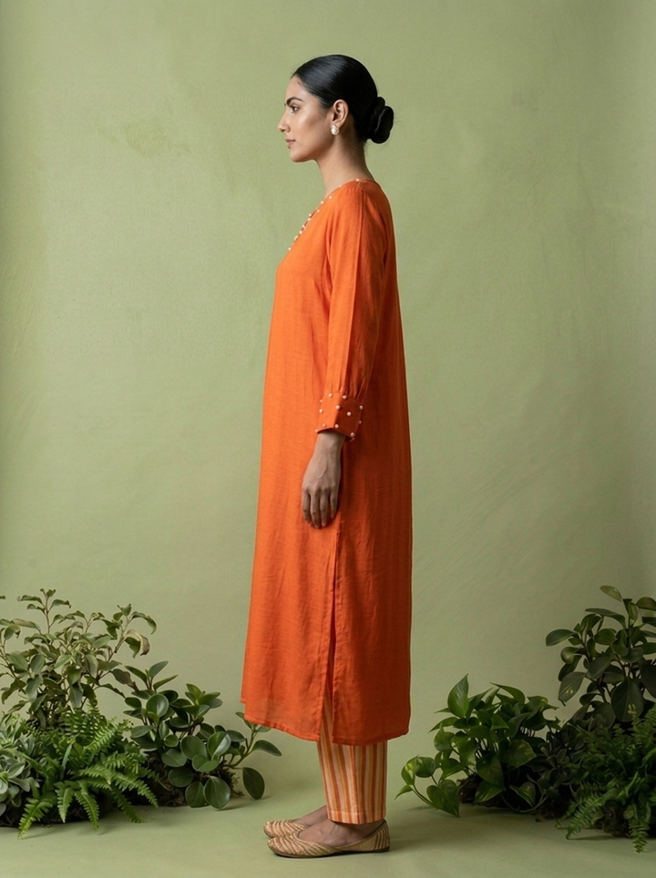 Burnt Orange Linen And Satin Two Piece Set