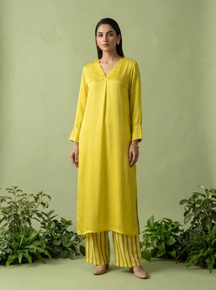 Lemon Linen And Satin Two Piece Set