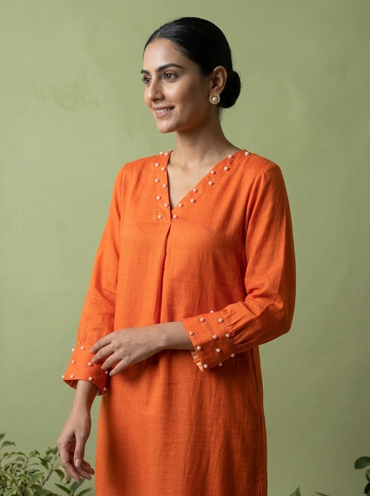 Burnt Orange Linen And Satin Two Piece Set