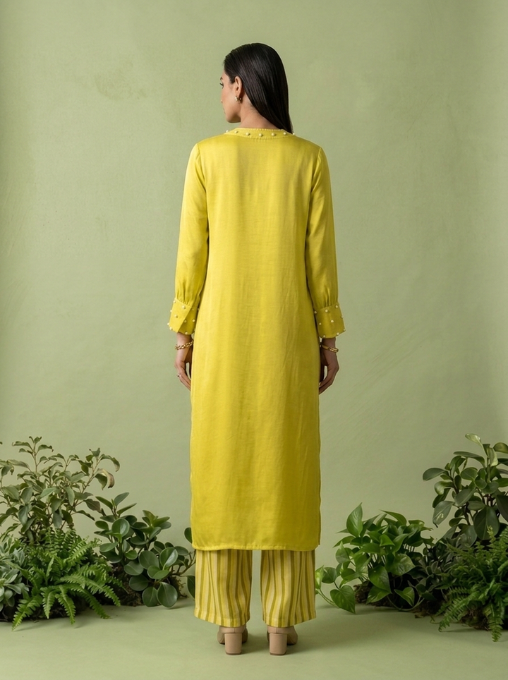 Lemon Linen And Satin Two Piece Set