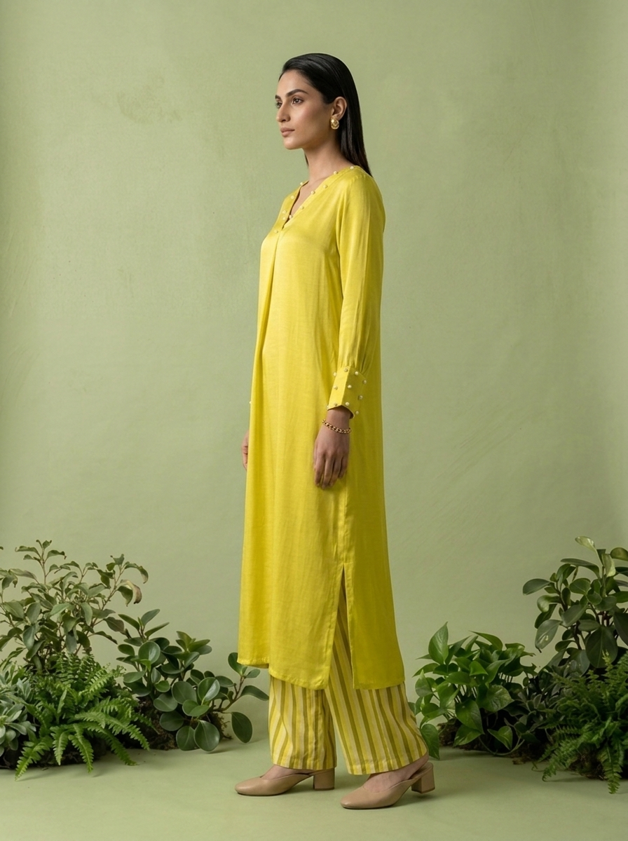 Lemon Linen And Satin Two Piece Set