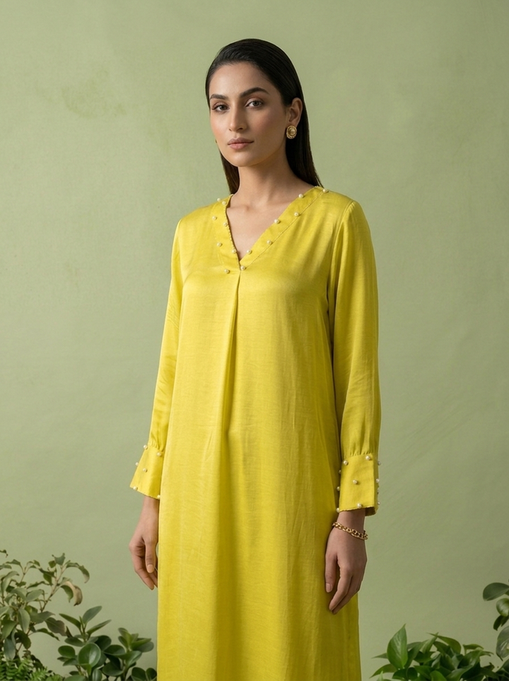 Lemon Linen And Satin Two Piece Set