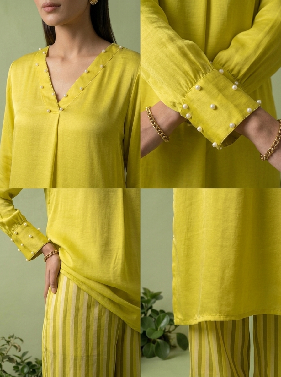 Lemon Linen And Satin Two Piece Set
