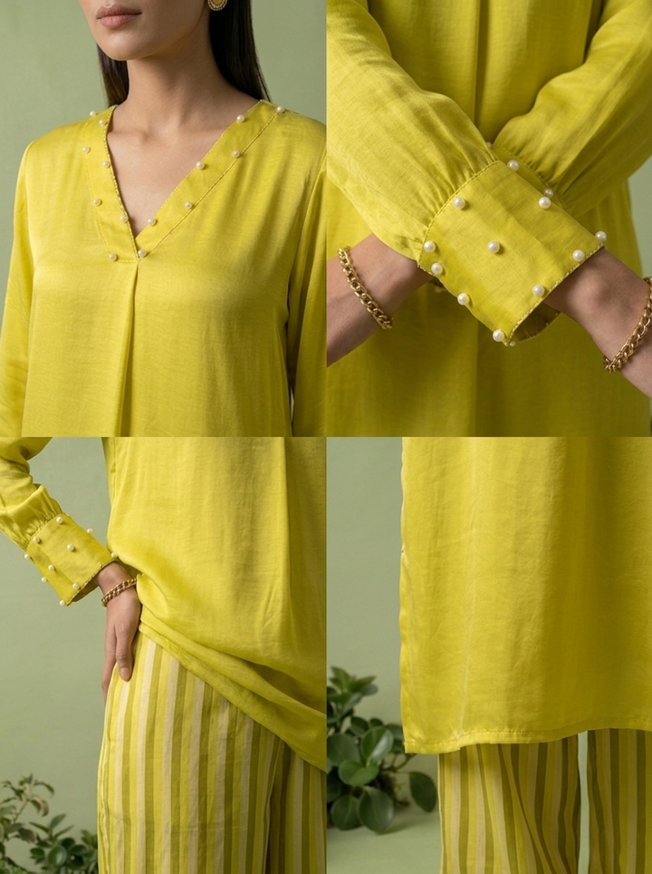 Lemon Linen And Satin Two Piece Set