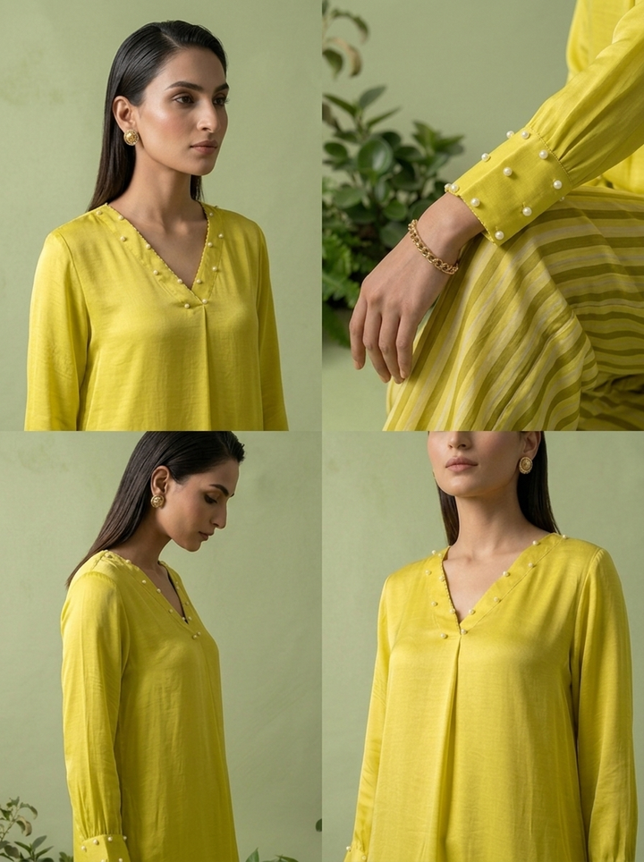 Lemon Linen And Satin Two Piece Set
