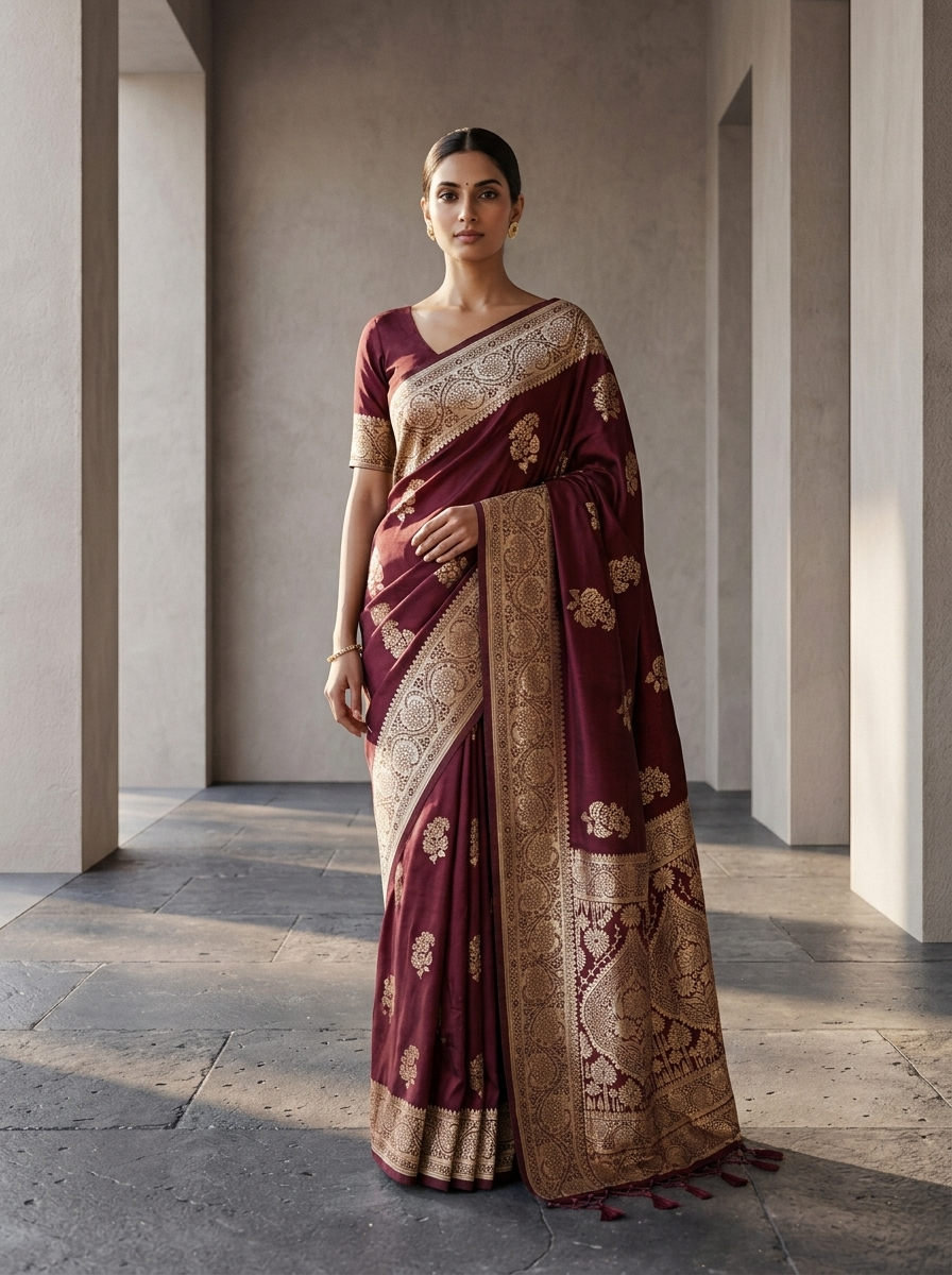 Maroon Floral Design Silk Saree