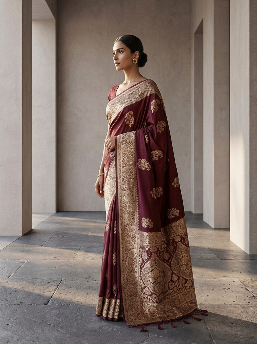 Maroon Floral Design Silk Saree