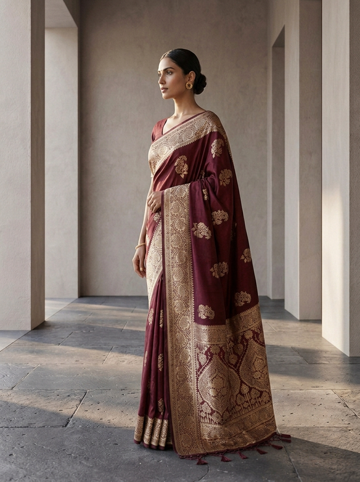 Maroon Floral Design Silk Saree