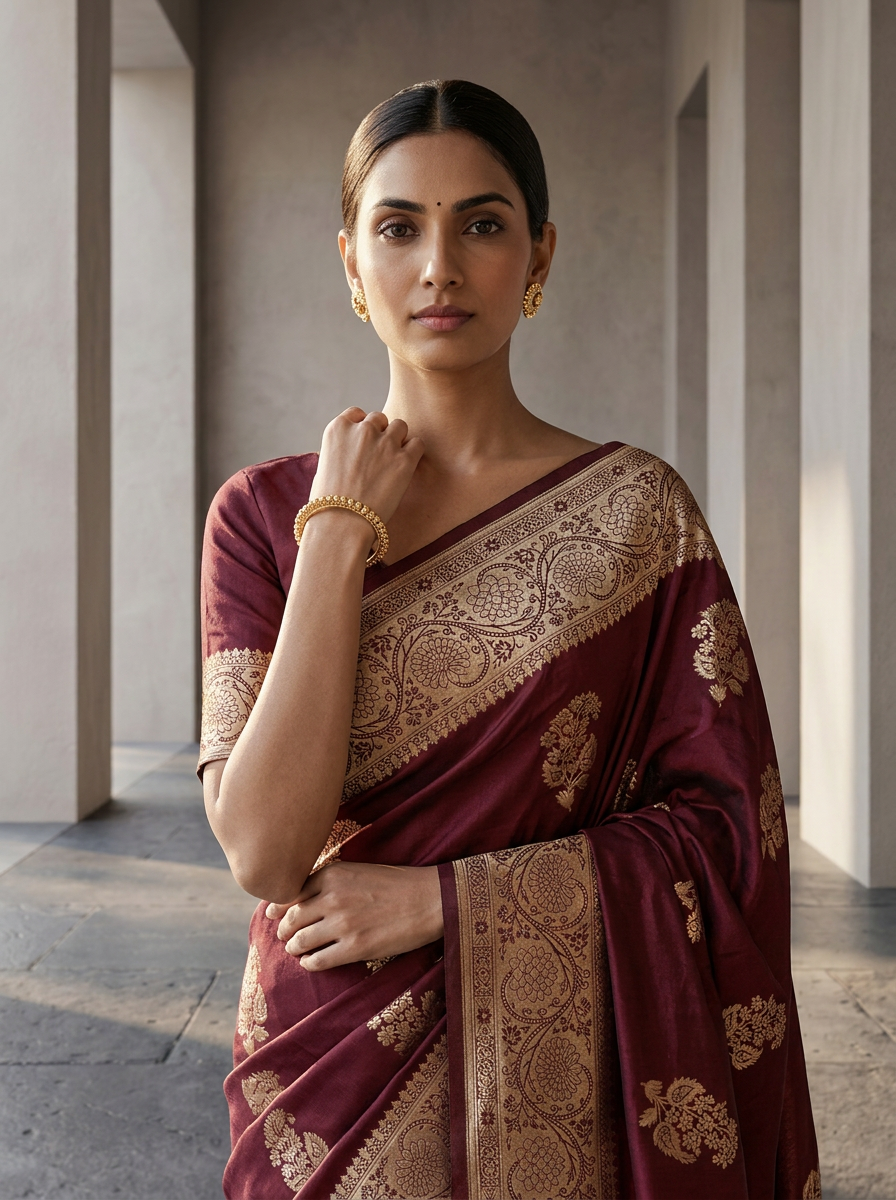 Maroon Floral Design Silk Saree