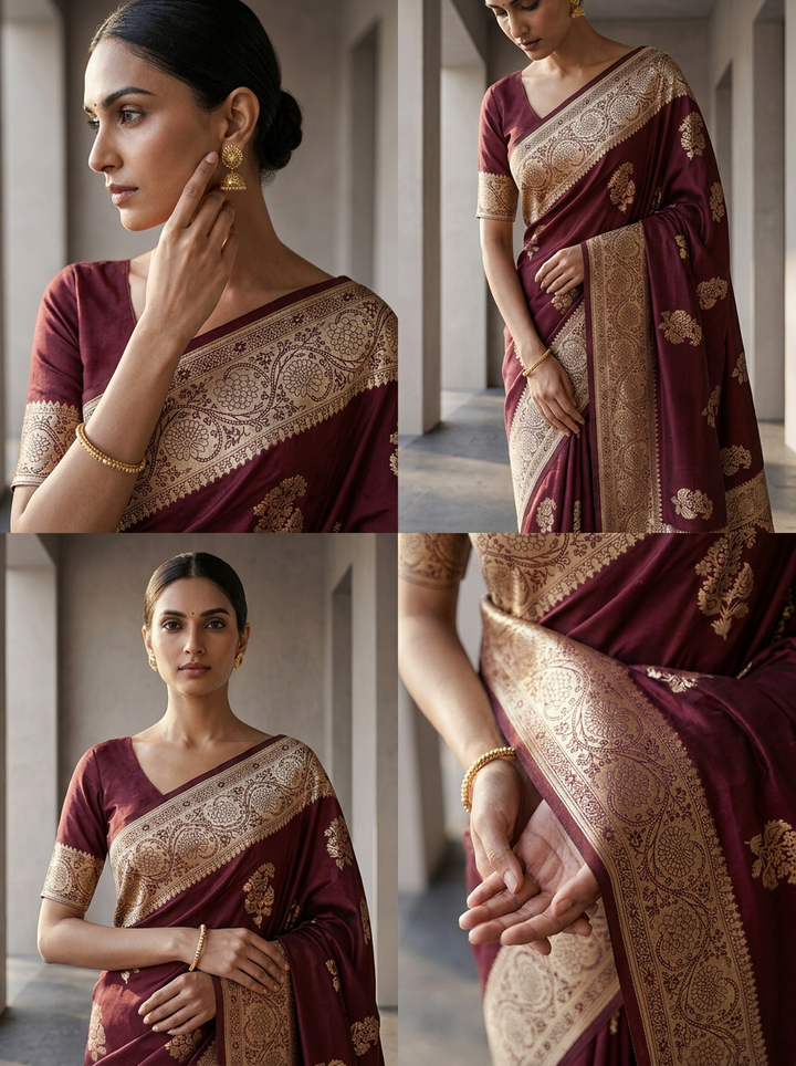 Maroon Floral Design Silk Saree
