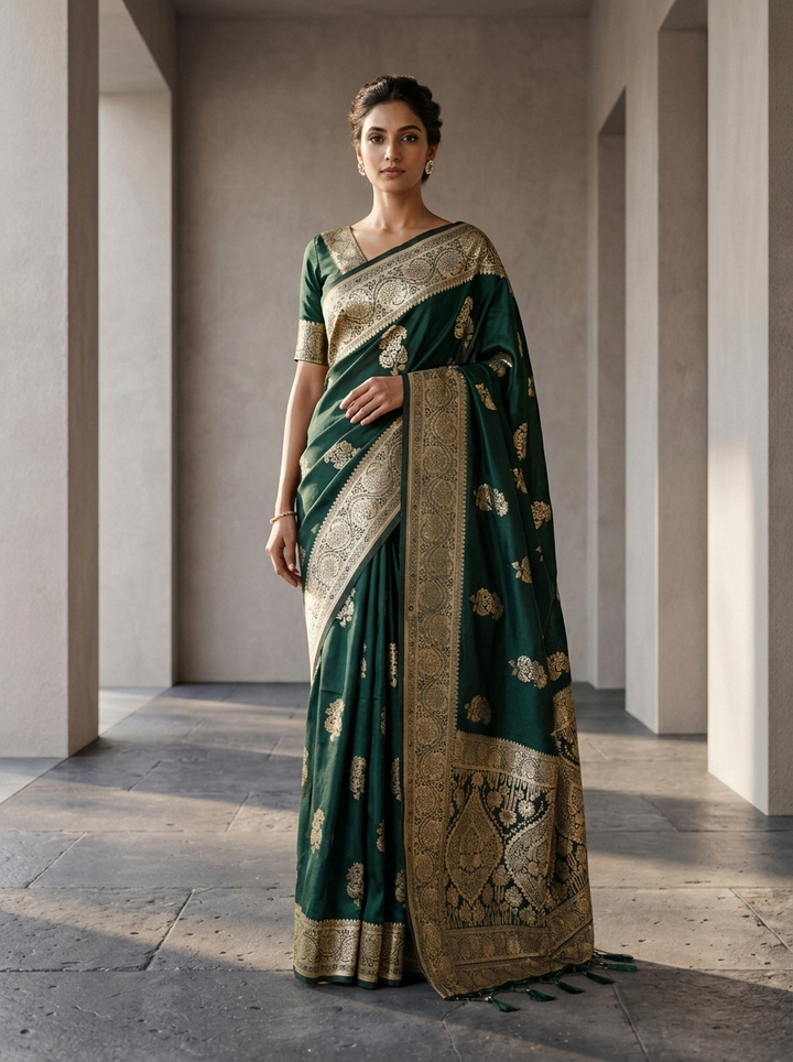 Bottle Green Floral Design Silk Saree